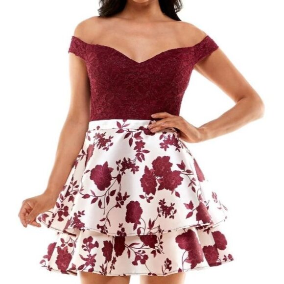 NEW B. Darlin Floral Fit & Flare Mini Dress Juniors Size 5/6 Burgundy Floral - Picture 1 of 12